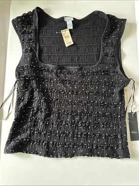 Black Smocked Tank with Ruffle Trim and Dot Embellishments